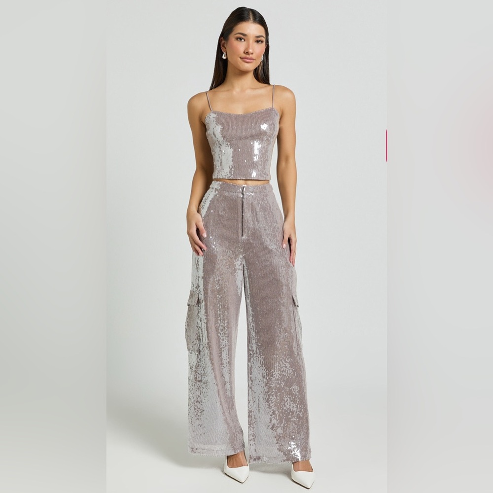 Showpo TRICIA PANTS - MID WAIST CARGO POCKET SEQUIN PANTS IN GREY New Size 2